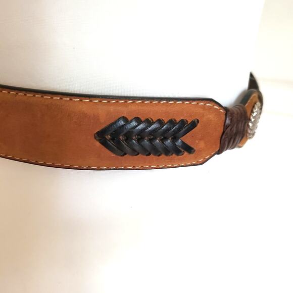 Nocona Tan Brown Leather Western Belt Braided Concho Silver Tooled Buckle Sz 26 - Picture 8 of 12